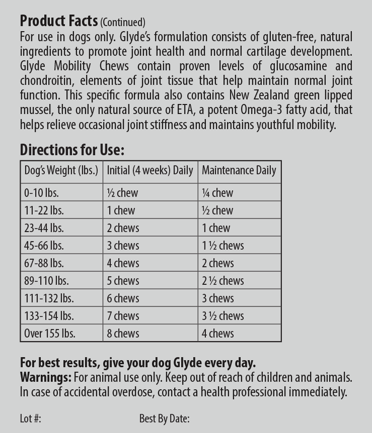 Glyde Mobility Chews for Dogs product facts with directions for use